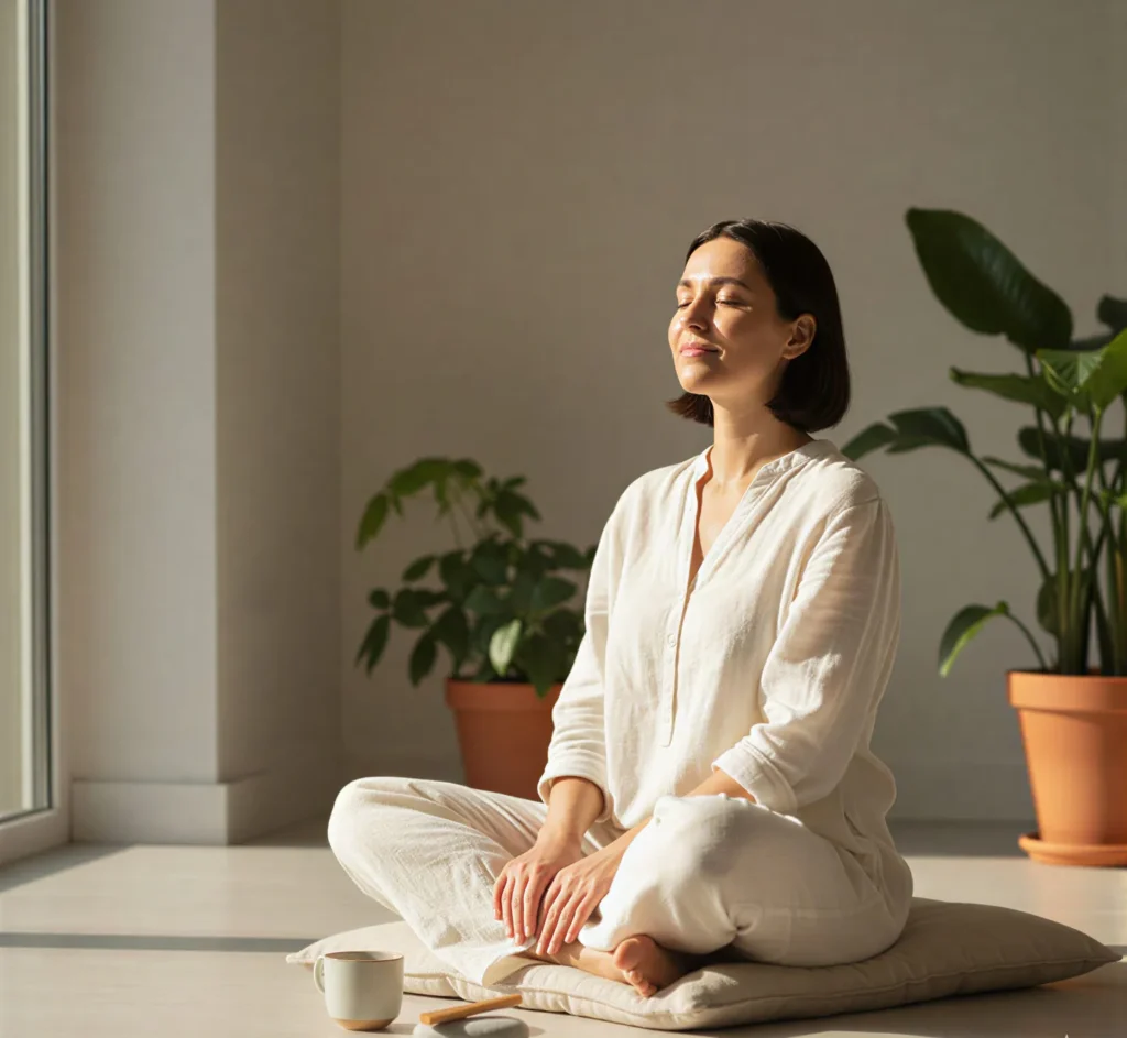 A woman with closed eyes sits, reflecting with gratitude for the blessings in her life.